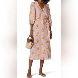 Madewell Linen-Blend Wrap Midi Dress in Dutch Dandelions